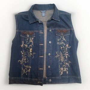 Vintage 90s/y2k Denim Western Button Vest Beading Dark Wash Pockets Medium EUC